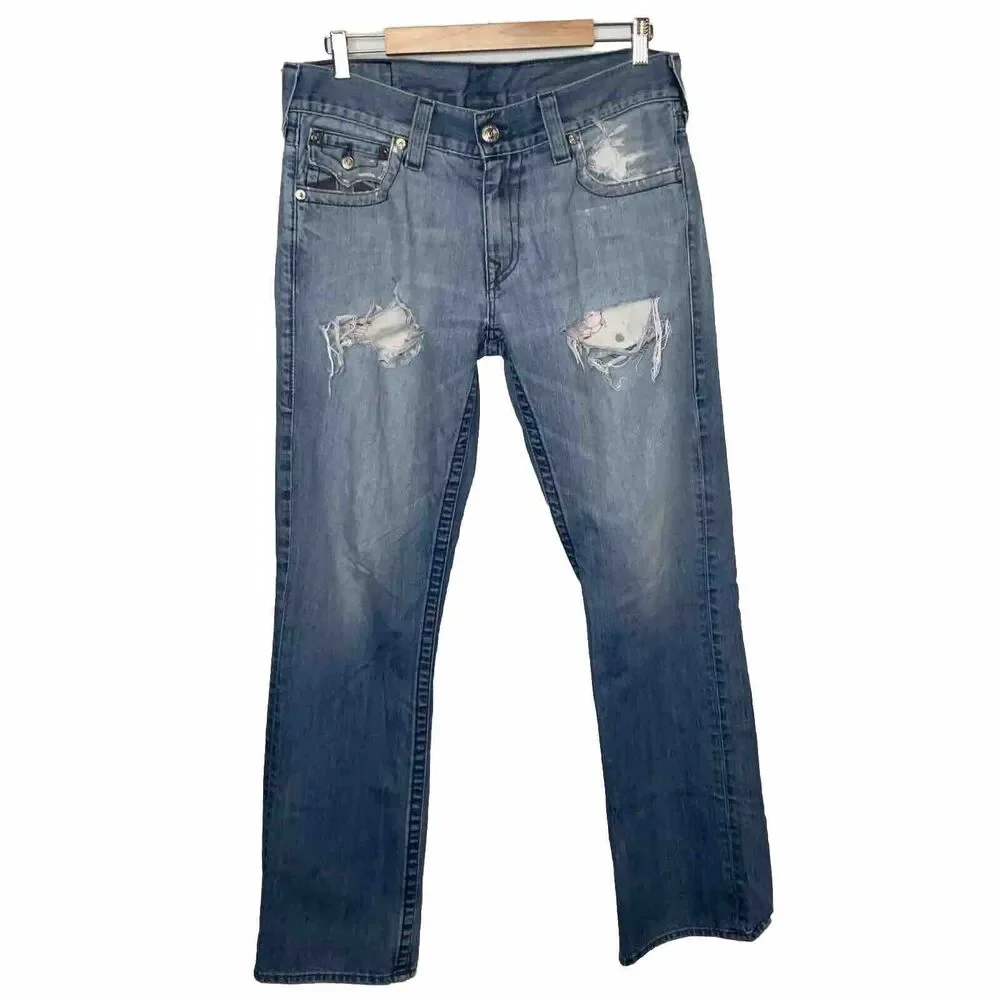 True Religion Men's Blue Denim Straight Cut Distressed Jeans Size 33‎